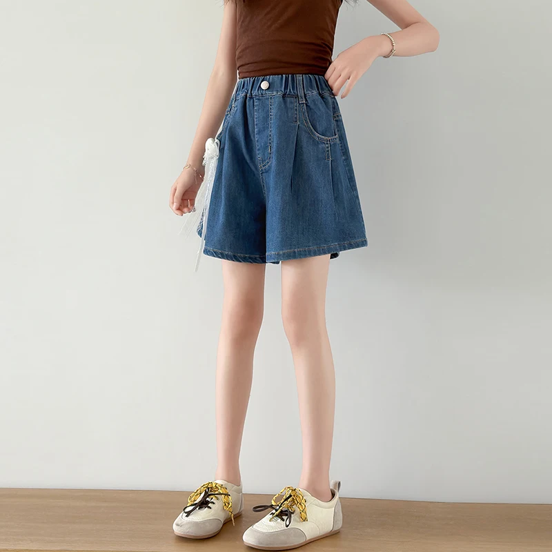 

2026 summer new children's teddy bear bow denim shorts boys' thin sports shorts girls' bow jeans