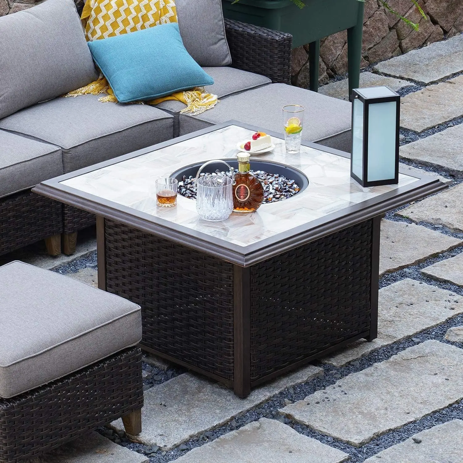 Grand Patio Outdoor 41 Inch Square Propane Gas Fire Pit Table Wicker Base, Marble-Texture Ceramic Tile Top, 50,000 BTU Heat Outp