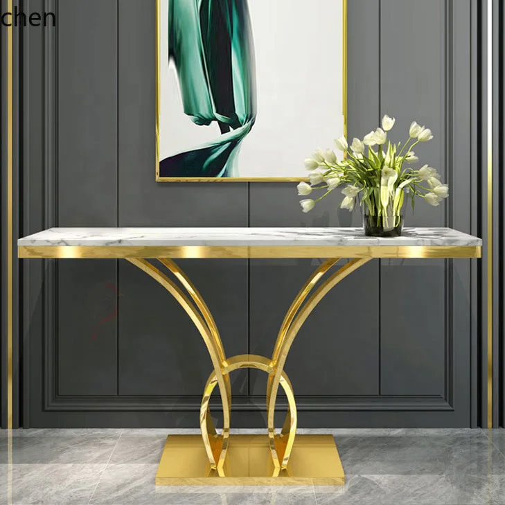 YFY Entryway  Table Luxury Style  Cabinet Wall-Mounted Sideboard Rock Slab  Corridor Stainless Steel  Table End View Table