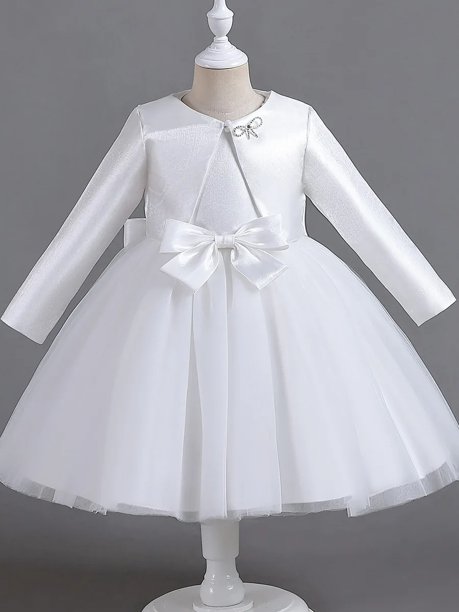 Spring Girl Princess Dresses for Party Girls’ Formal Dress 2 PC Set Long Sleeve Kids' Festive Clothes White 3 to 12 Years