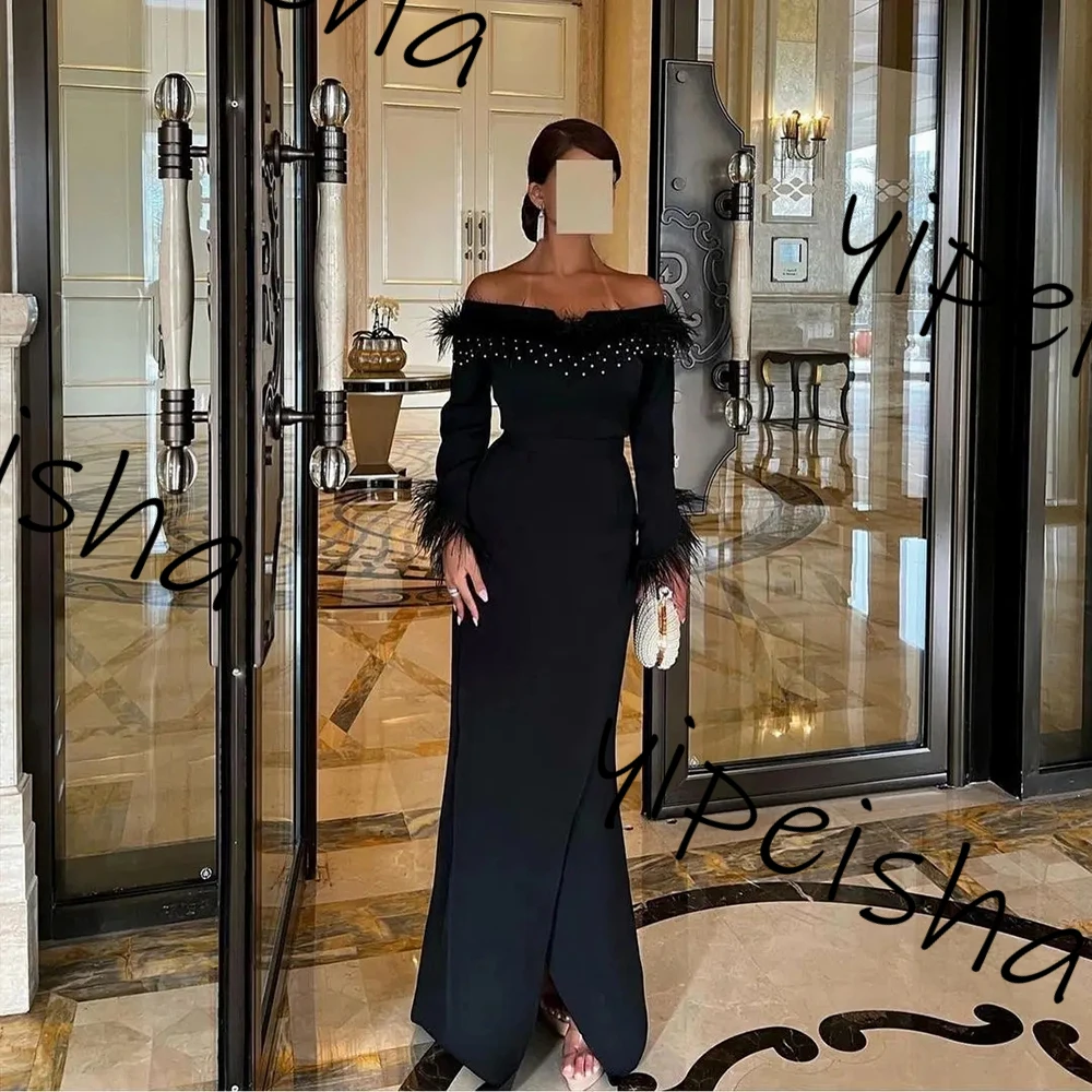 Customized Party Women Wear Black Dresses for Evening Bateau Neck Beaded Heathers Prom Dress Long Floor Length Party Dress