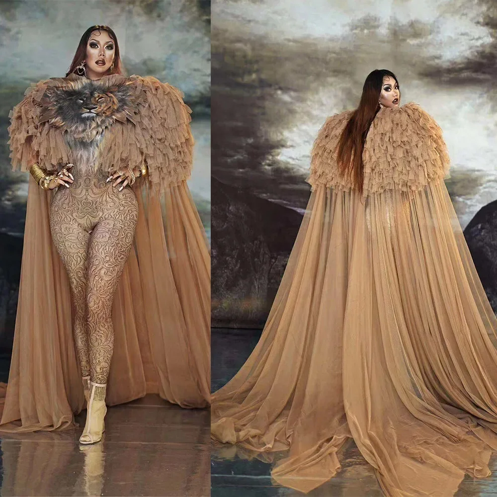 Combinaisons Sexy imprimées Lion marron avec longue gaze, modèle de défilé de mode, Costumes de scène, tenues Drag Queen Rave