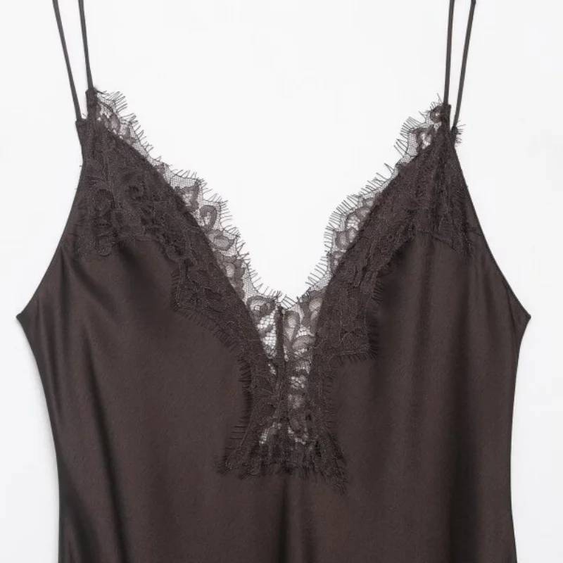 Robe d'été asymétrique en Satin et dentelle pour femmes, tenue élégante, col en v, bretelles Spaghetti, robe de soirée en boîte de nuit