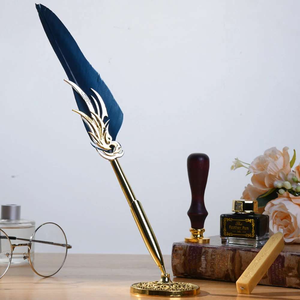 

Quill Pen and Ink Set Retro Feather Dip Ink Pen Set Vintage Calligraphy Writing Signature with PU Leather Notebook & 2 Nibs & Wa