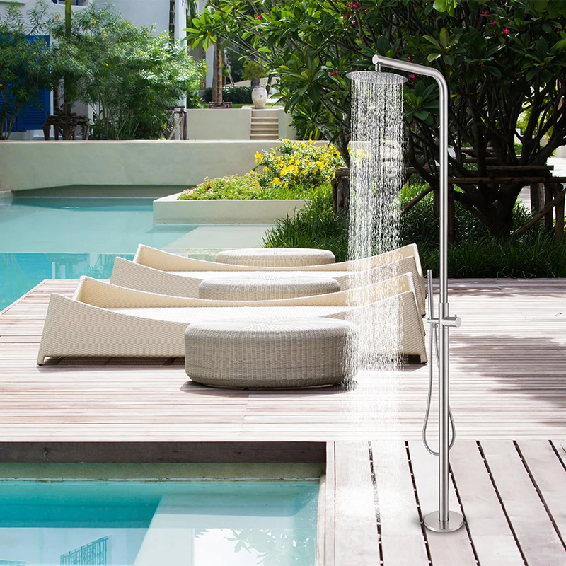 Ducha independiente para exteriores, columna de ducha de níquel cepillado de acero inoxidable 316, lluvia, piscina, jardín, ducha de playa