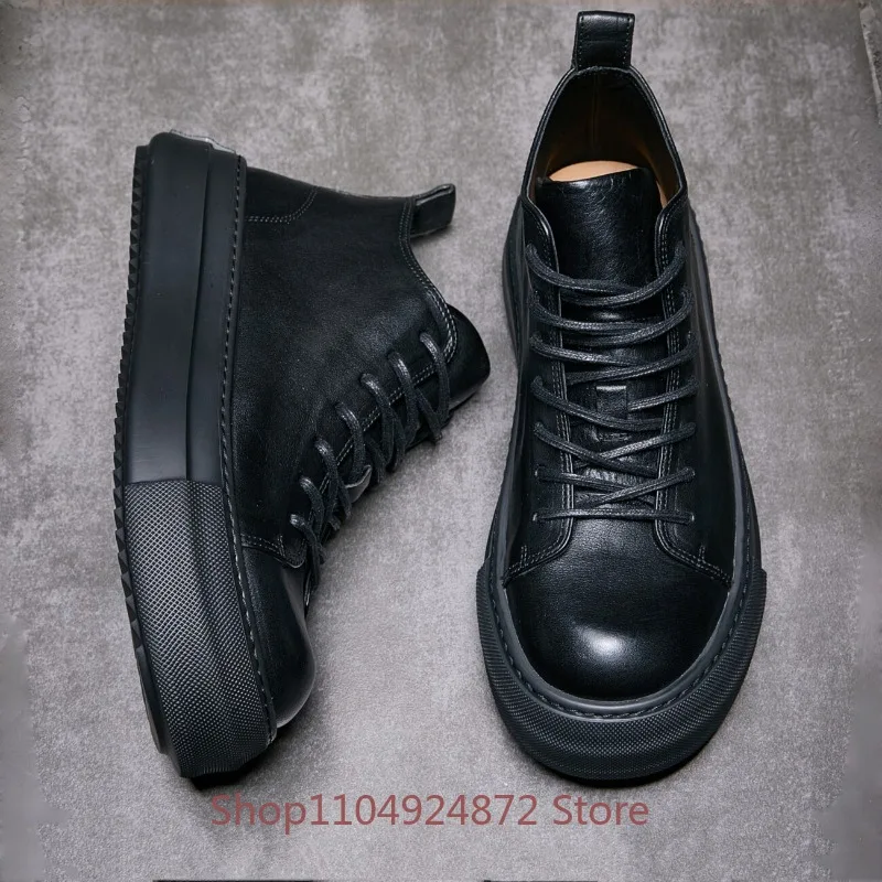 Men Black Genuine Leather Mid Top Sneakers Lace-up Thick Platform Sole Casual Street Fashion Comfort Walking Shoes Male Flats