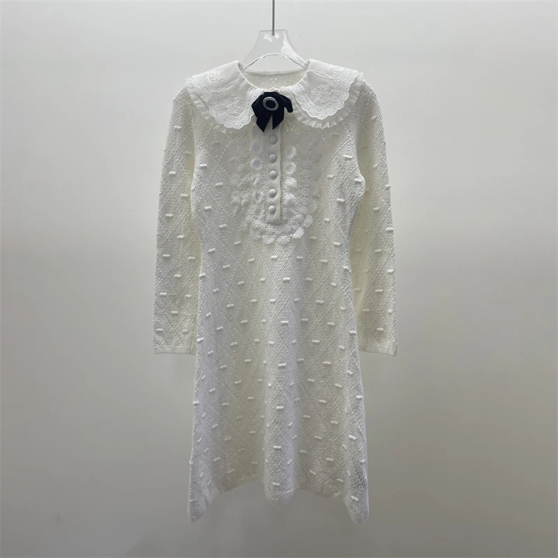 Spring 2026 SweetWhite KnittedDress with Butterfly Knot High-Quality Women'sFashion Slimming Embroidered Mini Skirt Evening Gown