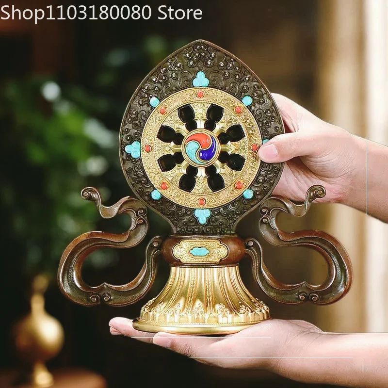 24cm Brass Gilded Chakra Ratna Golden Wheel Treasure Statue Tibetan Buddhism Seven Royal Treasures Sculpture Home Altar Decor