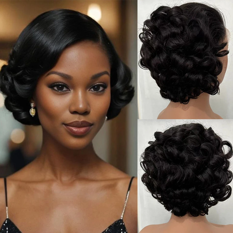 

12A Short Bob Bouncy Curly Human Hair Wigs Pre Plucked 180 Density Indian Hair Bob Loose Curls Body Wave HD 13X4 Lace Front Wigs