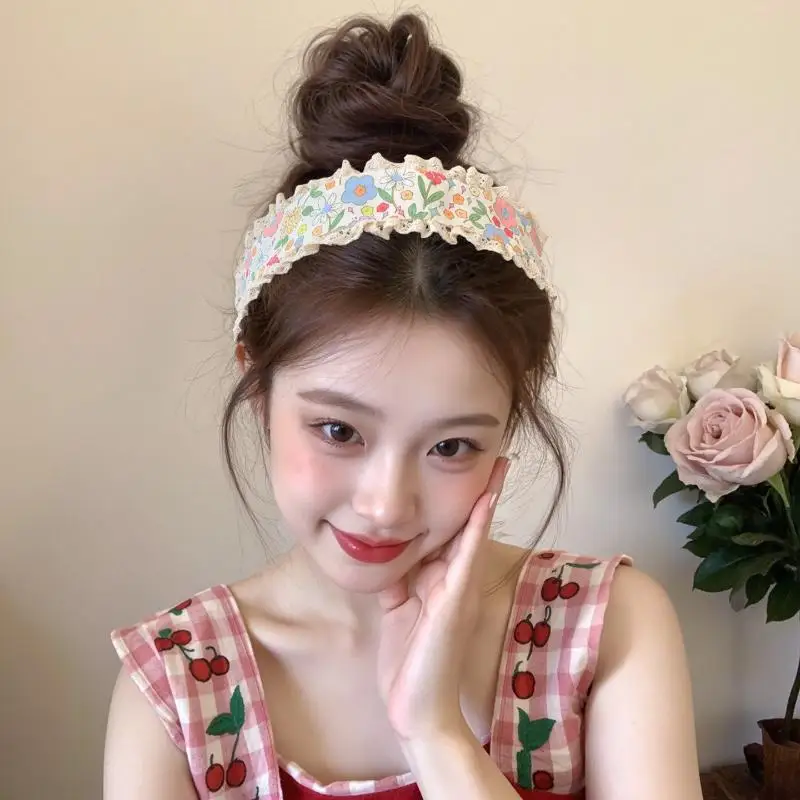 Floral Lace Ruffle Headband Women Fringe Hair Band Dot Print Vintage Daily Makeup Washing Face Hair Hoop Girl Hair Decor