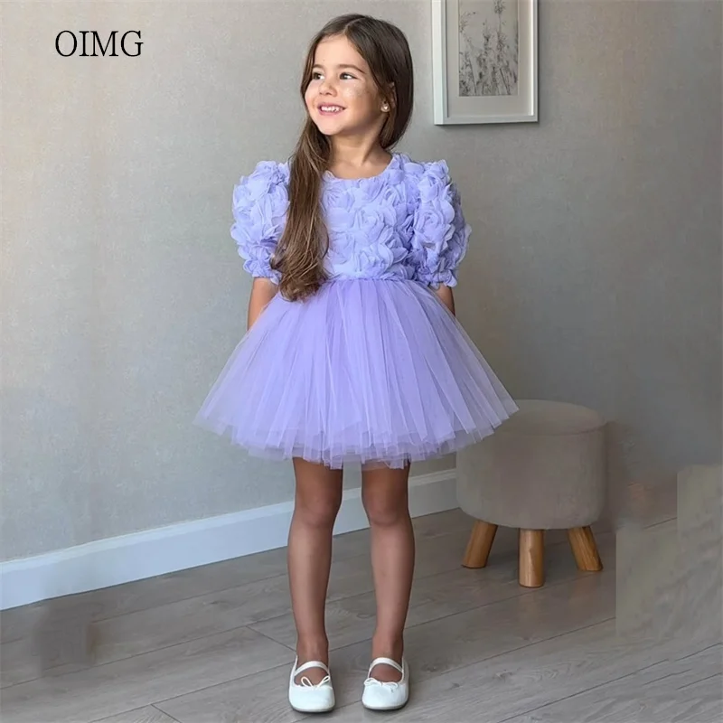 

OIMG Lavender O Neck A Line Flower Girl Dresses Puff Sleeves Tulle Wedding Gown Mini Party Dress vestido de niña Customized