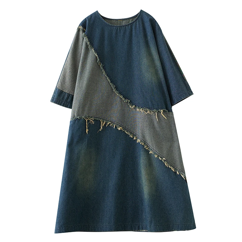 NYFS Vintage Spring Summer Women Clothing Contrast Color Stitching Denim Dress Raw Edge Loose Long T Shirt Female Robes