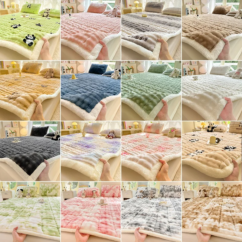 Premium Faux Rabbit Fur Mattress Topper Winter Warm Plush Cover Anti Static Thick Padding for Dormitory Double Bed Home Decor