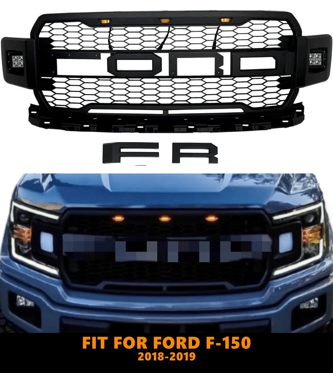 Griglia centrale nera del paraurti anteriore delle griglie di corsa della griglia dell\'abs con le luci ambrate per Ford F-150 2018 2019