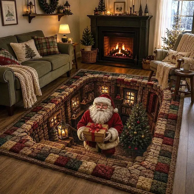 VIKAMA 3D Visual Santa Claus Carpet, Durable Non-Slip Living Room Rug, Christmas Decorative Carpet for Home Decoration