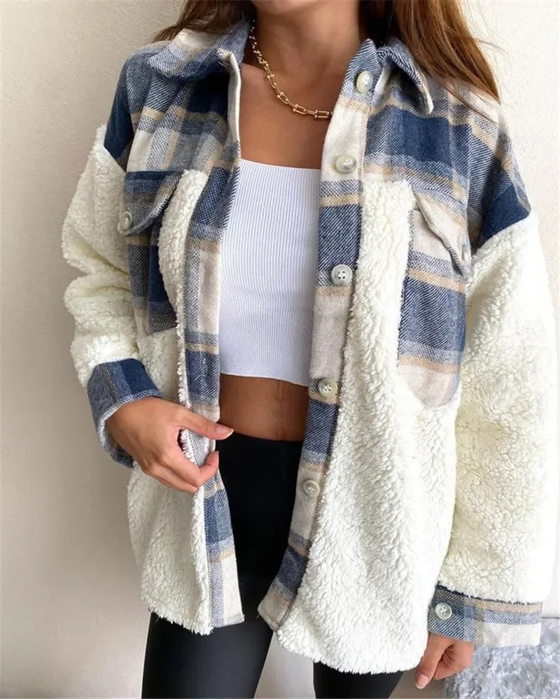 4 Colors Autumn/winter Plaid Blouse Women Single Breasted Print Long Sleeve Warm Casual Coat Jacket with Neck Stitching Pocket