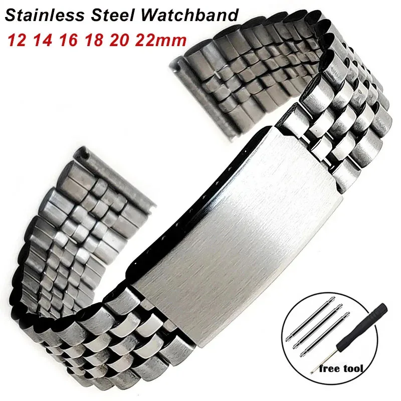 12mm 14mm 16mm 18mm 20mm 22mm Stainless Steel Watch Bands Metal Strap Folding Clasp Bracelet Men Women Replacement Wristband