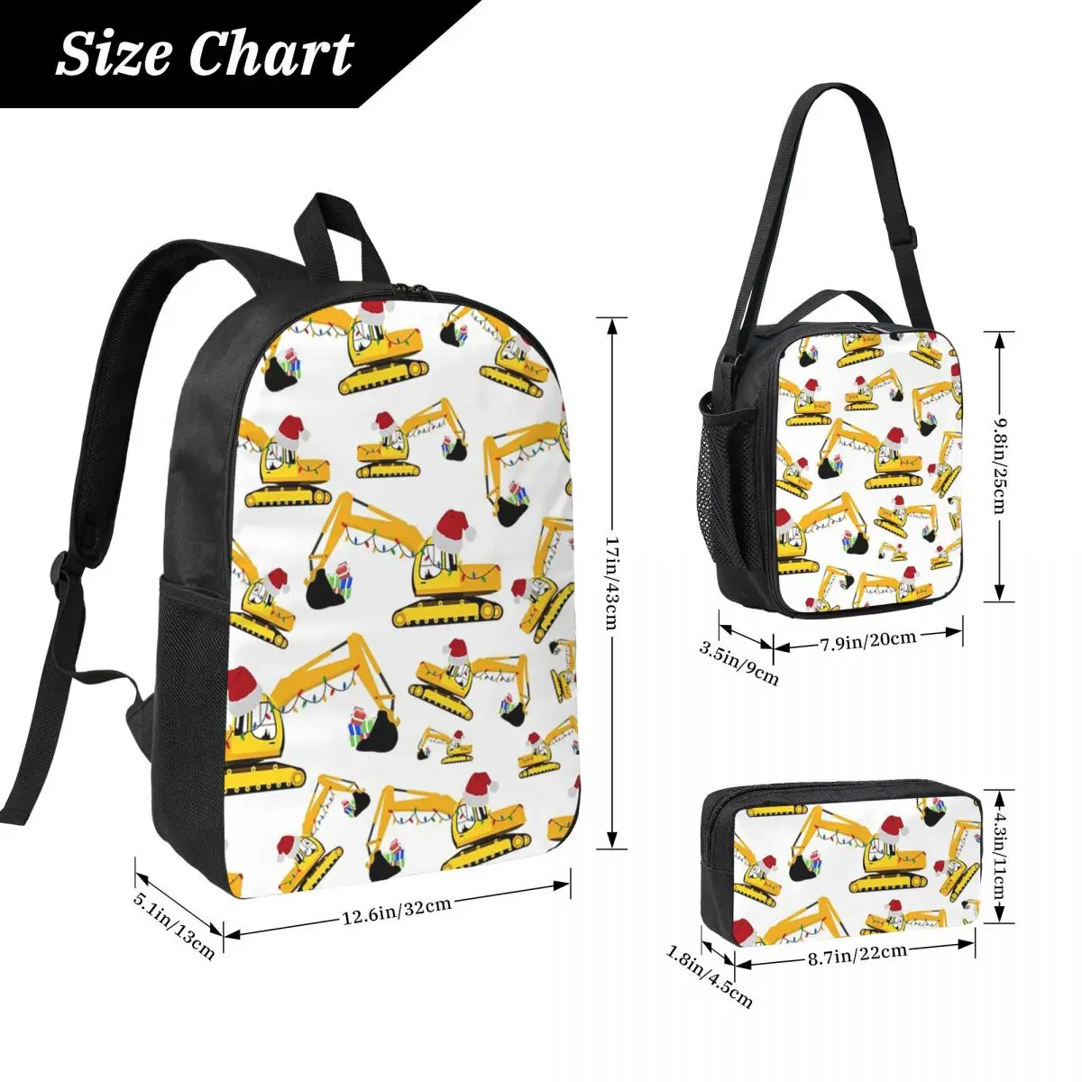 Christmas Excavator Construction Truck Backpack BookBag School Bag Computer Shoulder Bags 3ps Insulated Lunch Bag Pencil Case