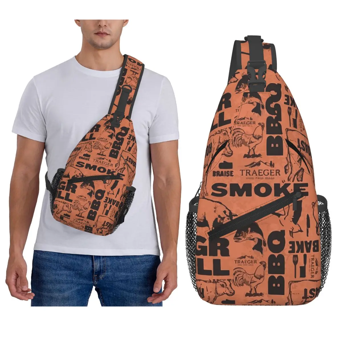 

Traeger BBQ Smoker Butcher Pattern Chest Bag Men Sling Crossbody Backpack Chest Bag Traveling Hiking Daypack Shoulder Bag