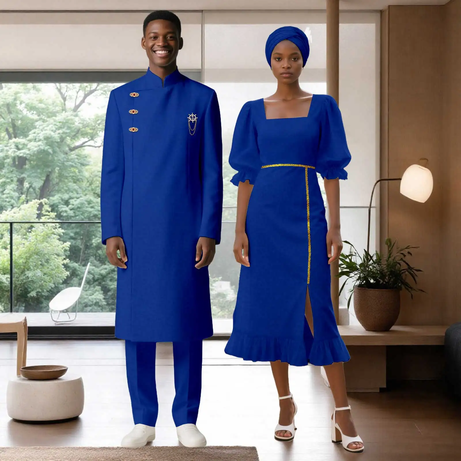

DBQ African Clothes for Couple Gold Chain Men`s Bussiness Blazer Pants Suit and Women`s Square Neck A Line Midi Dress BDC069