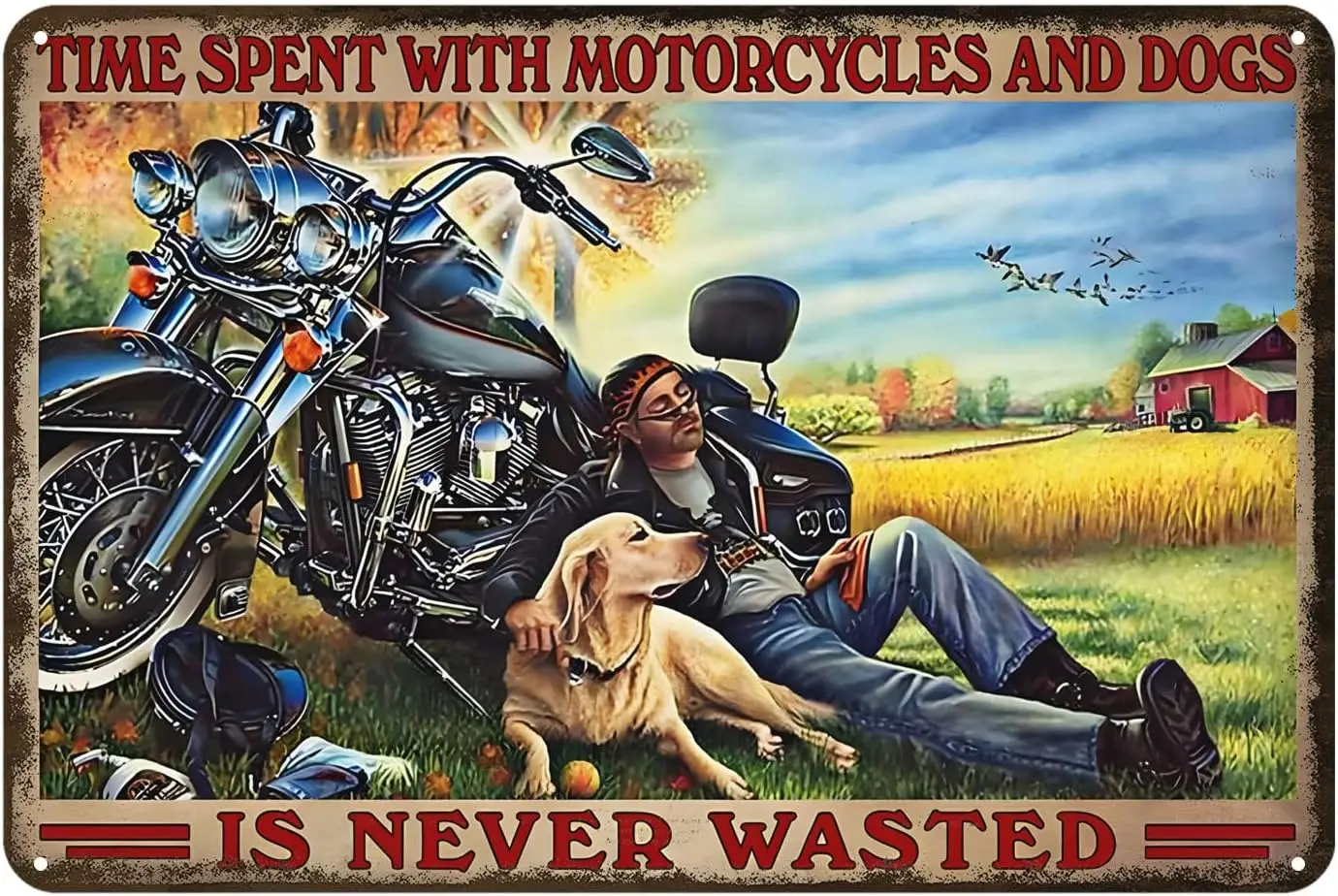 Time Spent with Motorcycles and Dogs is Never Wasted Gifts Funny Bathroom Decor Wall Art Coffee Bar Vintage Metal Tin Sign  sign