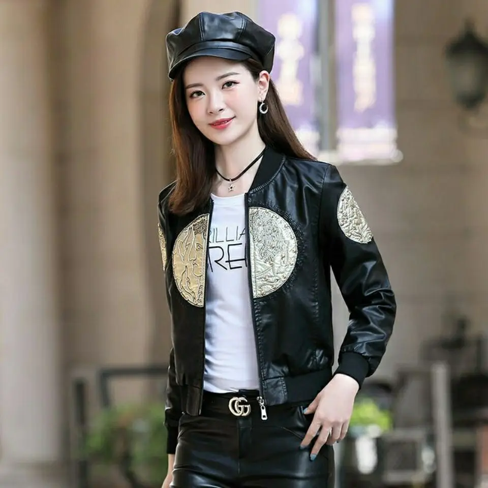 Women's Embroidered Leather Jacket, Baseball Jersey, Casual Fashion, Heavy Industry, Spring, Autumn, New, 2024