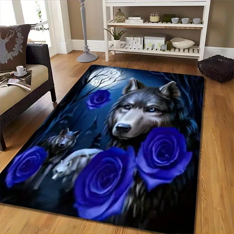Flannel Printed Wolf And Blue Rose Rug Dark Forest Design Gothic Fantasy Theme Decor Soft Floor Mat For Gamer Room And Teen