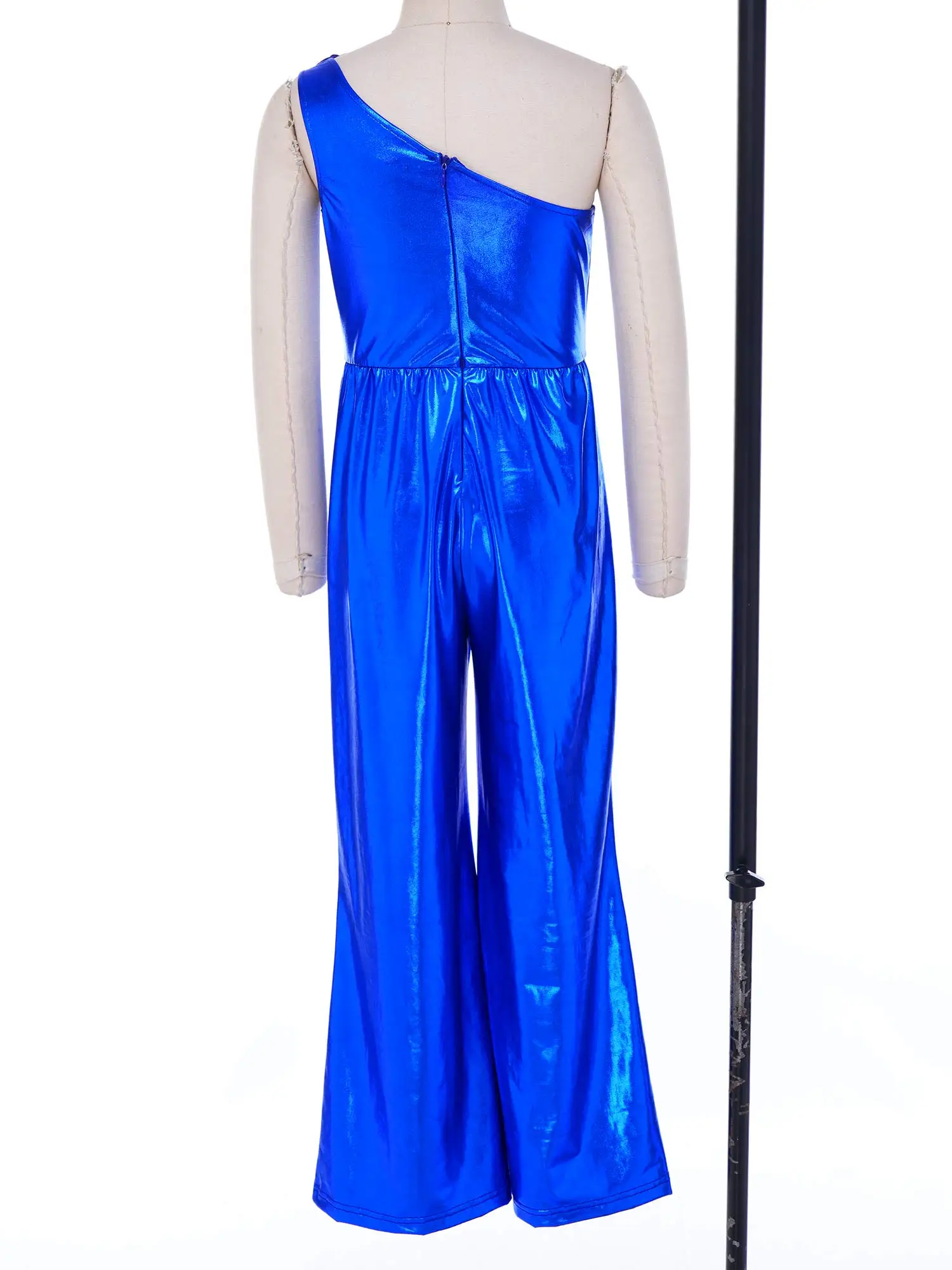 Kids Girls Metallic Shiny Shimmery Rompers One Shoulder 3D Flower Sleeveless Wide Leg Flared Jumpsuit for Disco Birthday Pageant