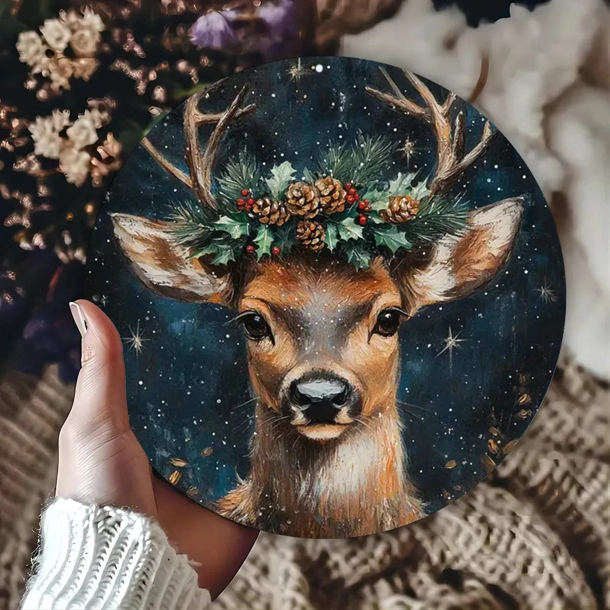 لوحة فنية جدارية معدنية لعيد الميلاد الرنة العتيقة - لافتة قصدير مستديرة مقاس 8 × 8 بوصة مع تصميم هولي وسماء مرصعة بالنجوم احتفالية، مثالية للحانات، Ca