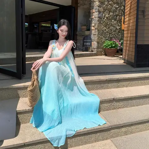 Summer Gradient Blue Holiday Style Fairy Dress 3D Flower Strap French Long Skirt Elegant Atmosphere Sleeveless Empire Waist