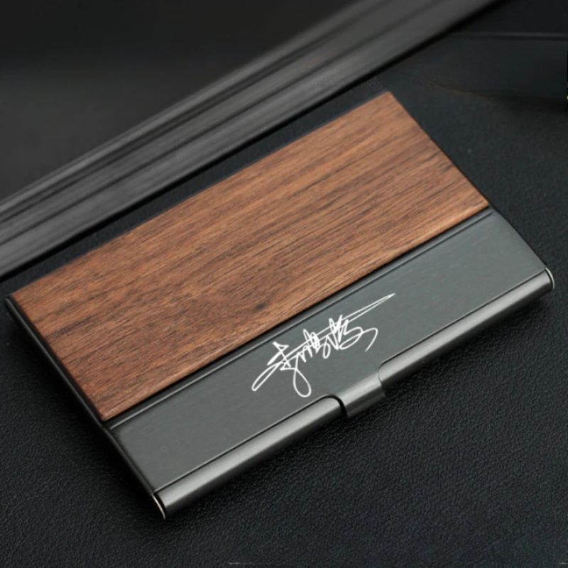 Custom Logo Wooden Stainless Steel Business Card Box Case Holder Laser Engrave Wood Clip Personalized Cardcase Activities Gift