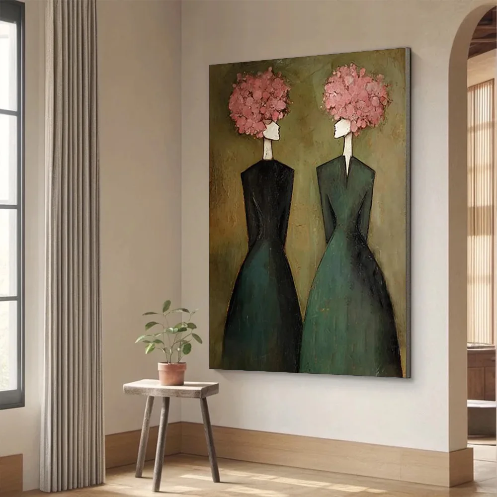 pintura-al-Oleo-abstracta-hecha-a-mano-por-mhemyo-sobre-lienzo-con-dos-chicas-a-la-moda-con-cabello-rojo-y-vestidas-de-verde-para-decoracion-del-hogar
