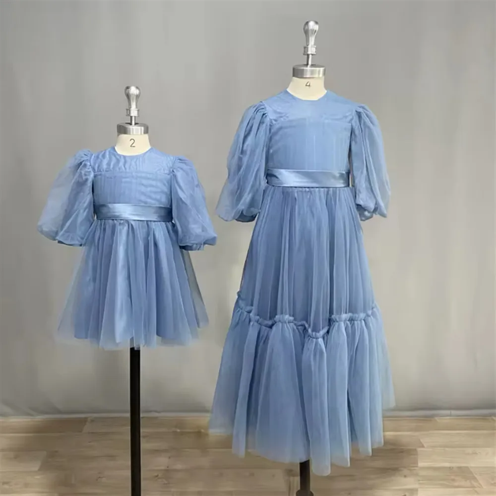 

Customized Flower Girl Wedding Dress Ruffles with Bow Belt Puff Sleeves Birthday Party Dress Bridesmaid First Communion Gown