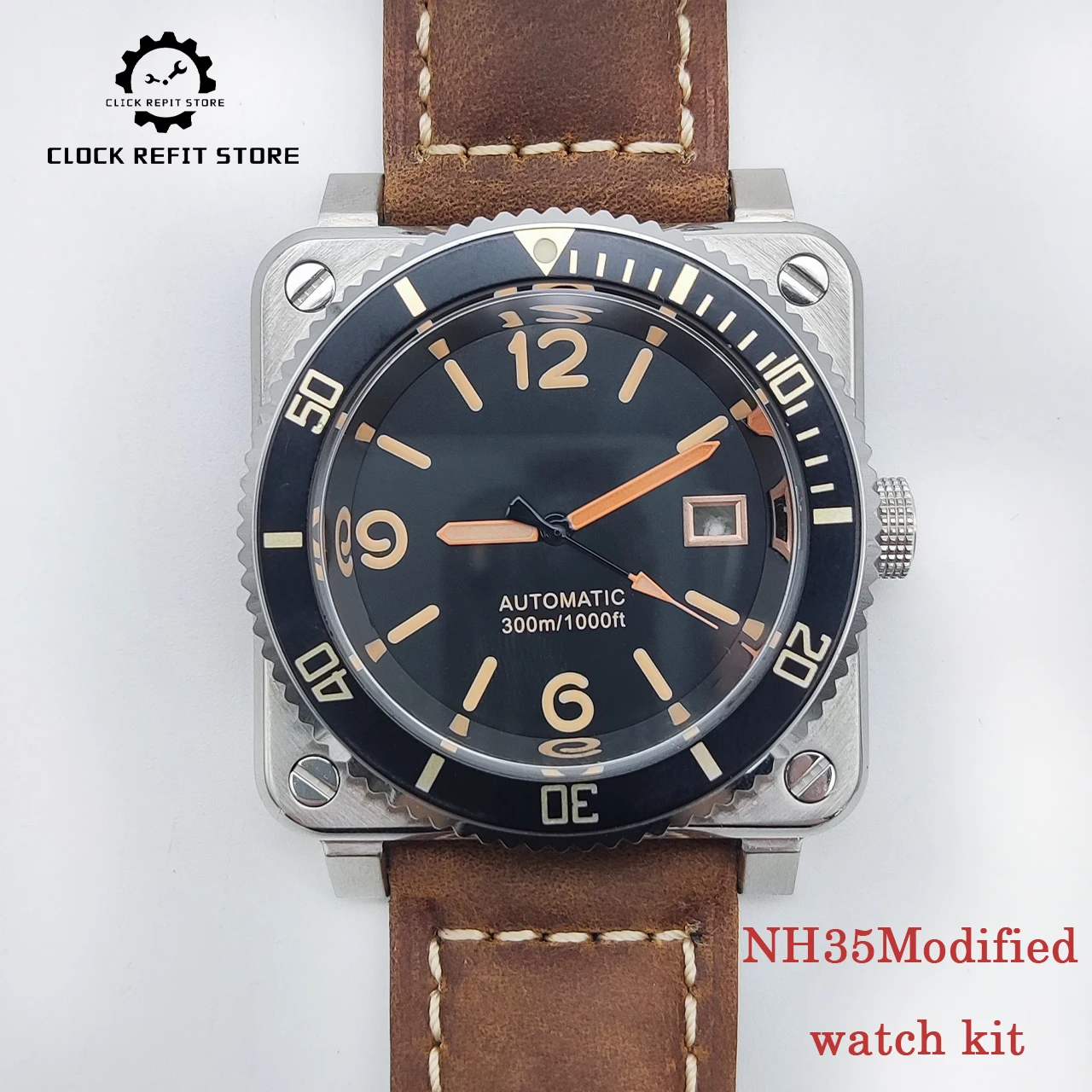 42mm Square NH35 Classic Men's DIY Watch Set Black Luminous Dial Hands Aluminum Bezel Sapphire Crystal Exhibition Back