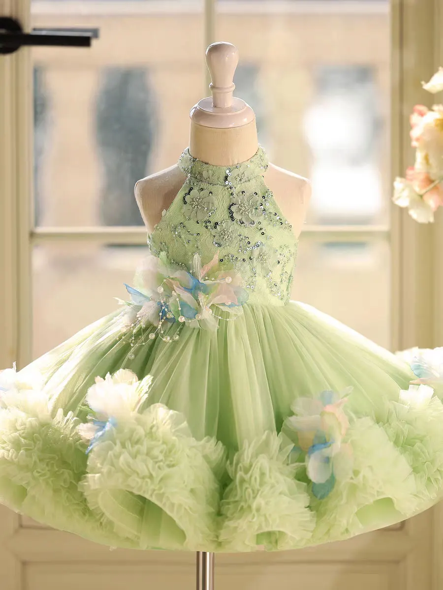 

Quality Elegant Green Beaded Flower Girl Dress for Girls with Long Train Bows Princess Wedding Birthdaty Party Pageant Gowns