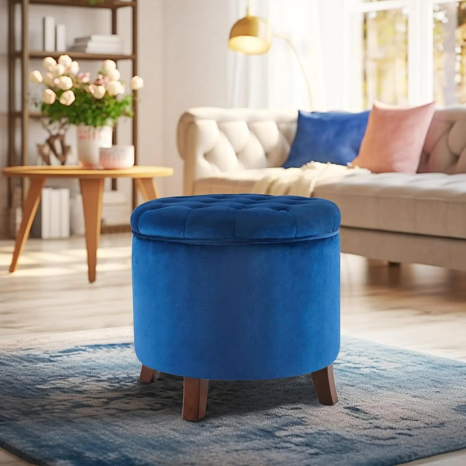

Modern Tufted Accent Storage Ottoman, Small Upholstered Button Circle Pouf Footstool with Lift Top, for Bedroom Living Room
