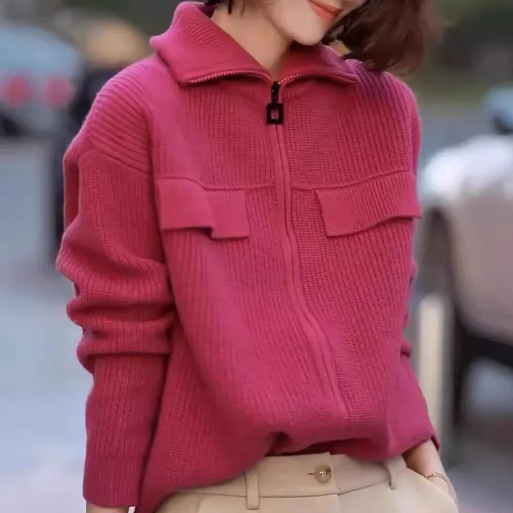 European Station Autumn And Winter New Pure Wool Zipper Cardigan Women's Lapel Sweater Outer Tops