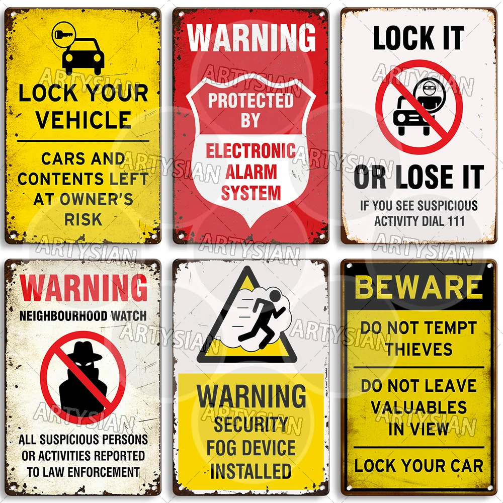 Security Warning Plaque Crime Prevention Metal Sign No Loitering Intruder Deterrent Theft Prevention Lock Your Vehicle Beware