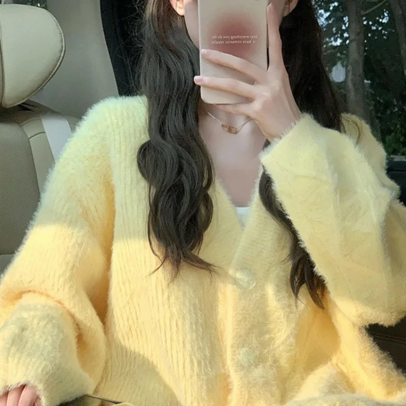 Soft Waxy Sweater Jacket for Women's Clothing in Spring Autumn Gentle Korean Style Imitation Mink Knitted Cardigan
