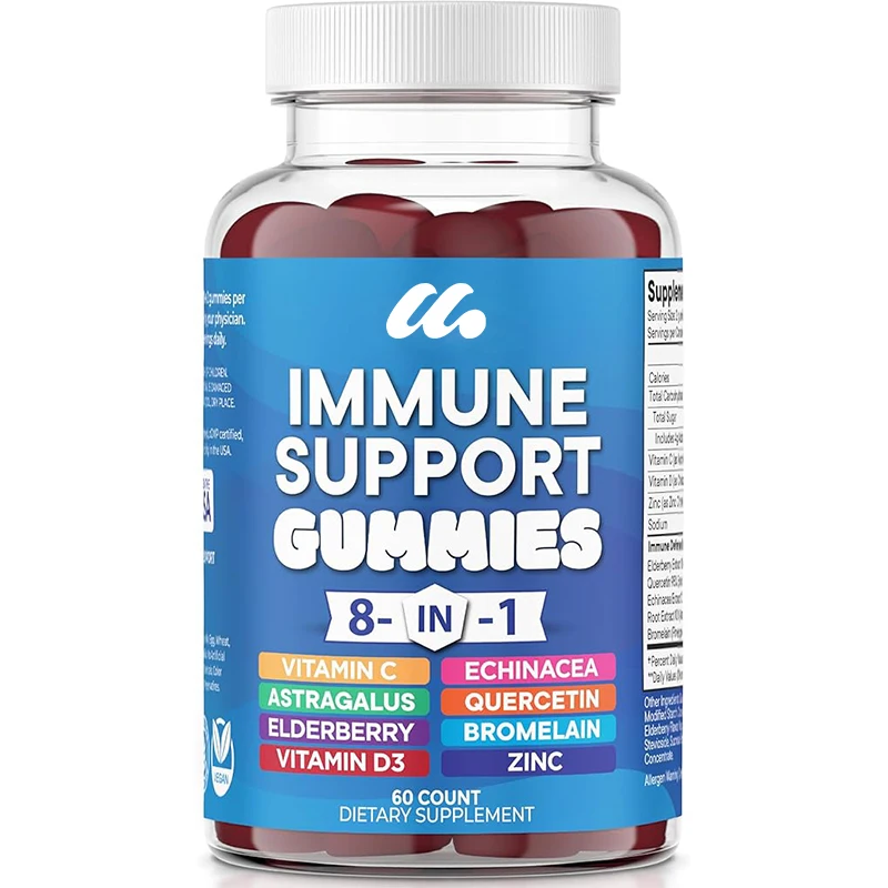 

8-in-1 immune supplement containing elderberry, vitamin C and zinc, vitamin D, turmeric, curcumin and ginger, B6, and echinacea