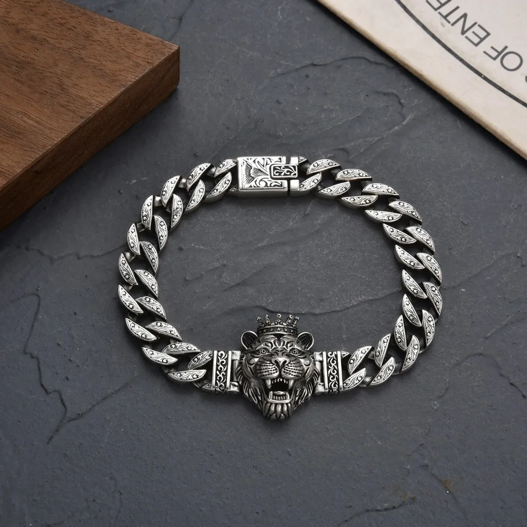 

S925 sterling silver tiger head men's bracelet european and american fashion punk hip hop trendy person single bracelet retro