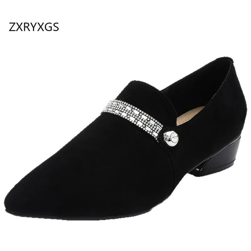 

ZXRYXGS Frosted Sheepskin Pointed Real Leather Rhinestone Shoes Elegant Fashion Shoes Woman New 2025 Autumn Winter Low Heels