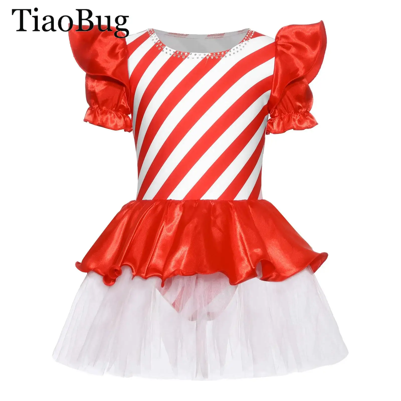 

Girls Candy Cane Christmas Cosplay Costume Rhinestone Puffy Sleeve Striped Tulle Tutu Dress Xmas Gymnastic Ballet Dance Leotards