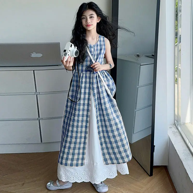 Two-piece Set Girls' Korean Fashion Vacation Style Dress Girls' Summer New Style Plaid Sleeveless Half Skirt