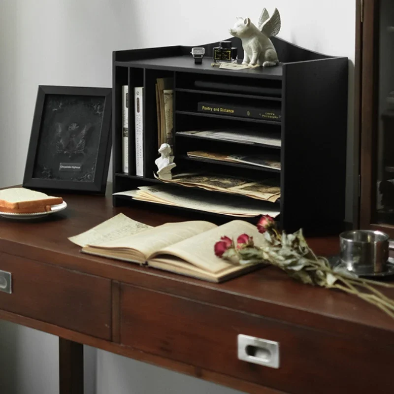 Desktop File Storage Rack Vintage Solid Wood A4 Paper Organizer Handbooks Storage Display Rack Multi-Layer Home Storage Cabinet