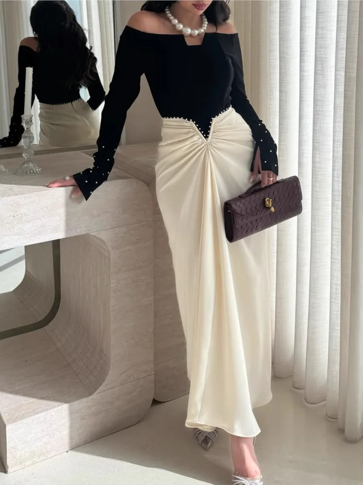 

Temperament Dress Dresses 2025 Woman Vestido Banquet Contrast Pearl Patchwork Package Hip Long Sleeve Slim One Line Neck Elegant