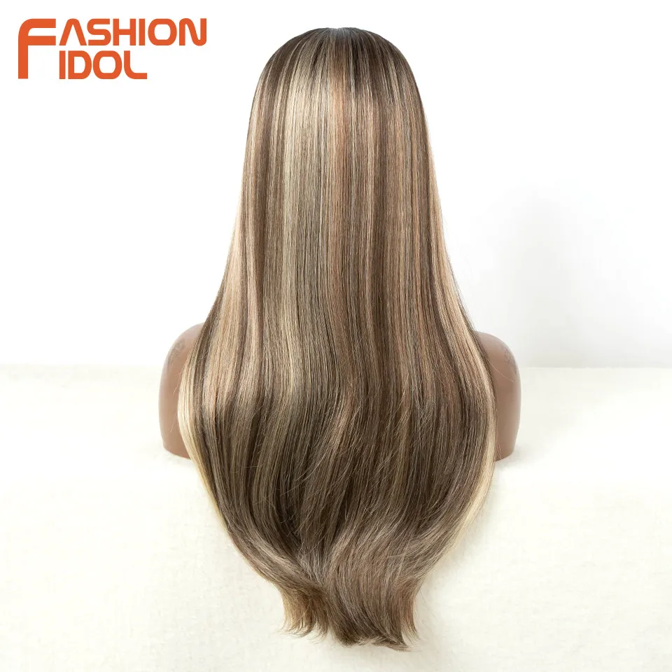 FASHION IDOL 24inch Straight Hair Lace Wigs Synthetic Baby Hair Wigs Ombre Brown Lace Front Wigs For Black Women Cosplay Wigs