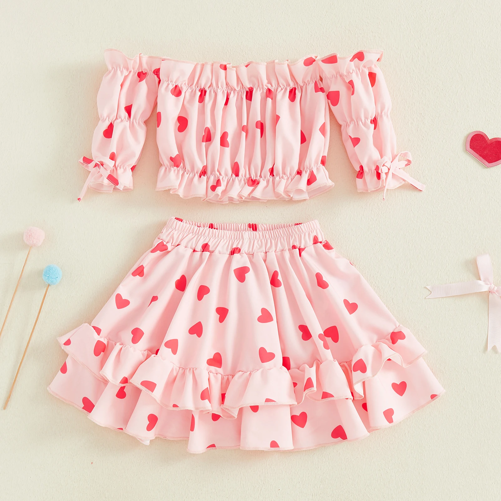 1-5Y Toddler Baby Girl Outfits Love Heart Print Ruffled Trim Off the Shoulder Long Sleeve Tops A Line Ruffled Skirt 2 Pcs Set