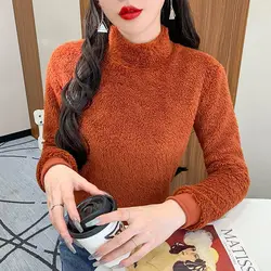 Women's Autumn Winter New Fashion Simple Solid Color Half High Neck Plush Casual Versatile Long Sleeved Slim Fit T-shirt Tops