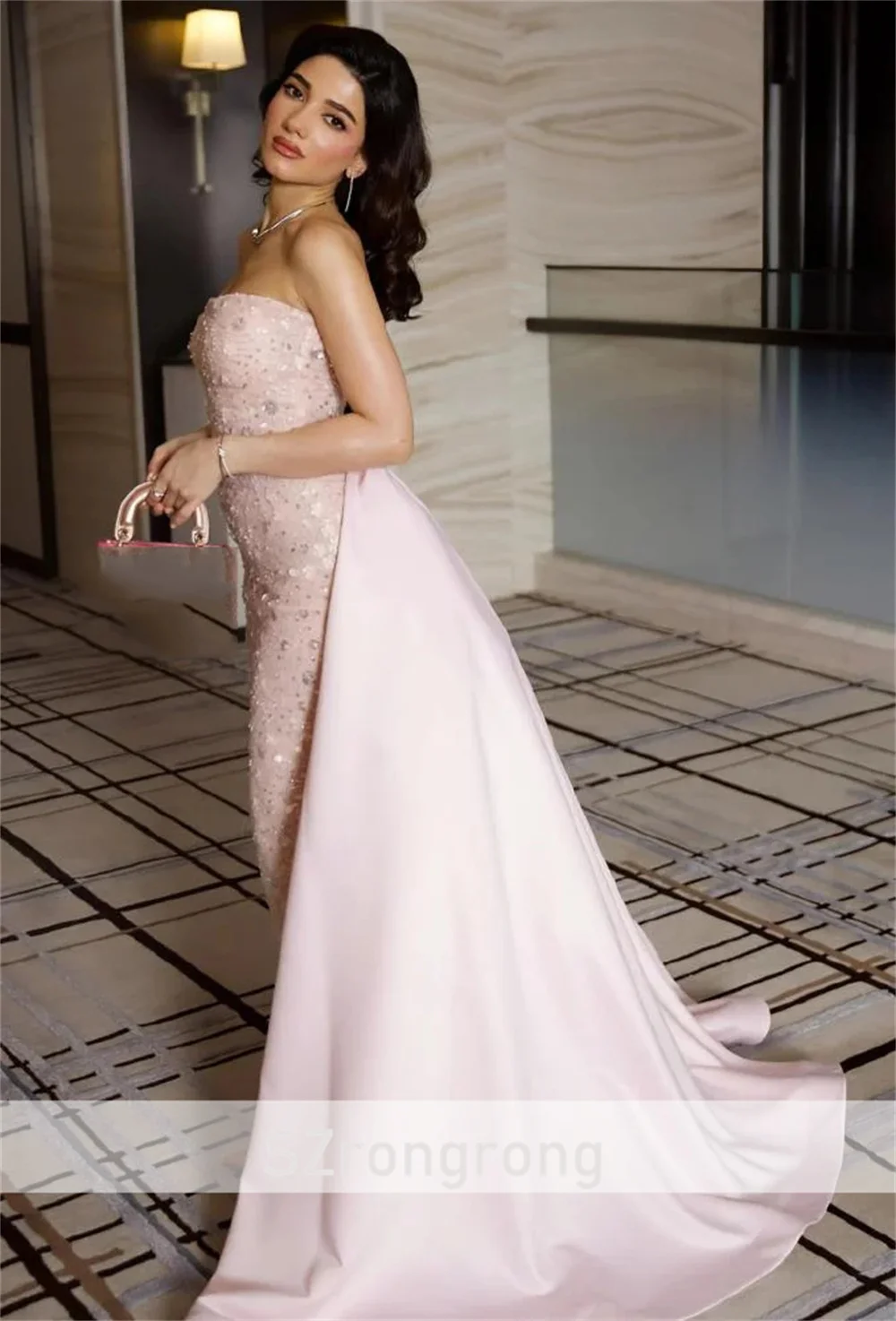 Vestido de noche con lentejuelas y cuello barco ostentoso para mujer, vestido de fiesta sin espalda con cola desmontable, personalizado و